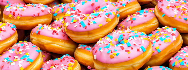 Fototapeta na wymiar Donut, background with donuts. Bright donuts in glaze. Donuts with sprinkles.Glaze on donuts.Background,template,wallpaper with donuts.Donuts for decoration.Sweets background