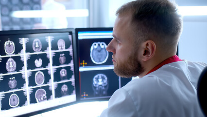 Medical hospital: neurologist use computer, analyze patient's MRI, diagnose brain. Health Clinic...