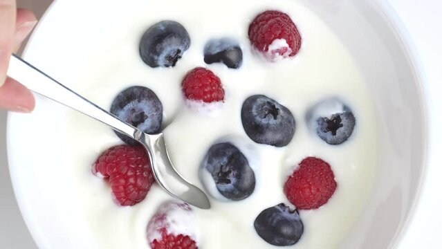 Greek yogurt with raspberry and blueberry scooped withs poon from a Bowl, close up, top view