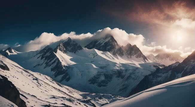 Arctic Majesty Idyllic Snowcapped Mountains Towering Against a Dramatic Sky