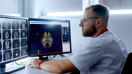 Medical hospital: neurologist use computer, analyze patient's MRI, diagnose brain. Health Clinic...