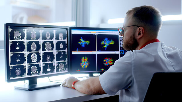 Medical hospital: neurologist use computer, analyze patient's MRI, diagnose brain. Health Clinic Lab: A professional doctor examines a functioning CT scan