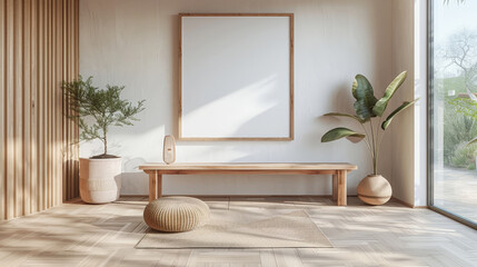 white blank wooden frame mockup, hanging on beige wall  background with bench and plant pot. minimalist interior house