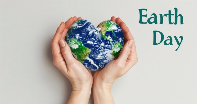 Hand holding planet earth in the shape of a heart, concept of Earth Day, environmental preservation.