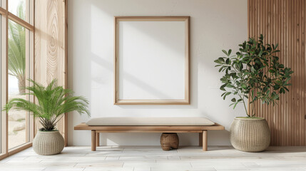 white blank wooden frame mockup, hanging on beige wall  background with bench and plant pot. minimalist interior house