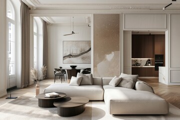 Fototapeta na wymiar Modern apartment living room with sofa and beige rug, minimalist style, Scandinavian style.