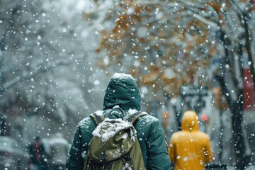 A person in a blue hooded jacket carrying a backpack, snow falling in the background, winter concept.