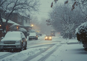 Cars parked on the street in the snow with trees, winter concept.