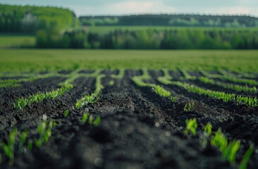 Green grass field with black soil growing in rows on farmland, agriculture concept.