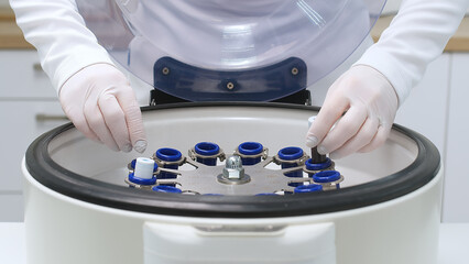 Close-up of a centrifuge with blood plasma in a cosmetology center for aesthetic cosmetology. PRP...