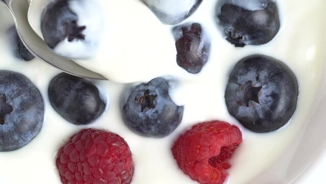 Greek yogurt with raspberry and blueberry scooped withs poon from a Bowl, macro shot, rotation