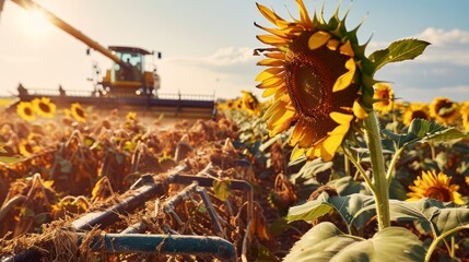 Capturing the Majestic Process of Sunflowers Being Harvested by a Combine Harvester