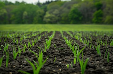 Naklejka premium Green grass field with black soil growing in rows on farmland, agriculture concept.
