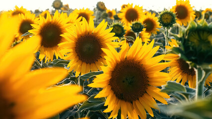 Fototapeta premium Field of yellow sunflower flowers against a background of clouds. Sunflower sways in the wind. Beautiful fields with sunflowers in the summer in rays of bright sun. Crop of crops ripening in field