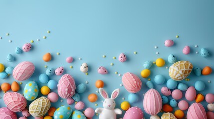 Fototapeta na wymiar Easter, candy and confectionery on isolated on blue background. Happy Easter. Candy, chocolate, sweets.