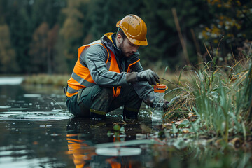 Environmental scientist collecting water samples for analysis. Environmental monitoring and ecological conservation concept with copy space