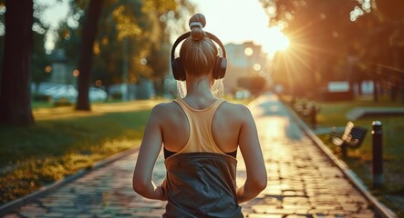 The Journey of a Girl in Headphones Embracing the Calm of a Sunset Park Run