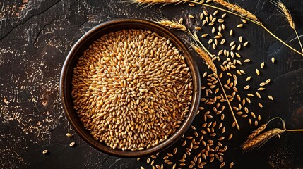 Top view of Ripe barley grains in bowl On a dark background