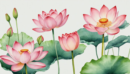 Set of Lotus flower watercolor collection of hand drawn, Lotus flower elegant watercolor illustration, isolated on transparent background