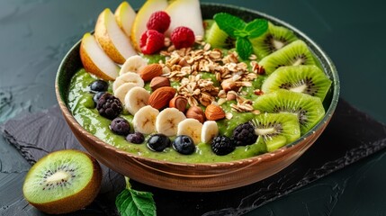 The Benefits and Beauty of Starting Your Morning with a Green Smoothie Bowl Enhanced with Nuts, Kiwi, Pear, and Berries