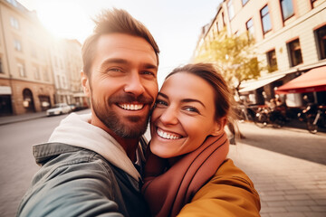 Fototapeta na wymiar Happy adult couple in love taking selfie in the city. Traveling together or having fun on vacation.