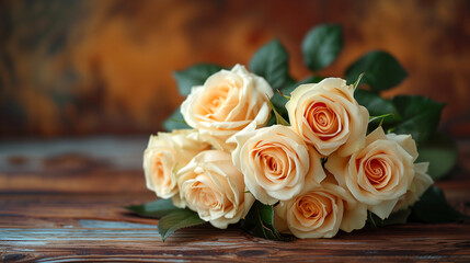 Bouquet of roses on a wooden background. Copy space.