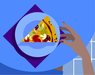 Hand of a woman sitting at a round table with a piece of pizza on a plate in flat design style. Minimalistic and flat color drawing. Vector illustration