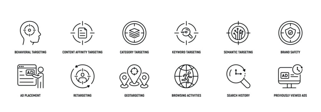Contextual Marketing Line Icon Set, Editable Stroke. Behavioral, Content, Affinity, Targeting, Category, Keyword, Strategy.