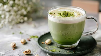The Visual and Flavorful Elegance of a Green Matcha Latte with Pistachios Close Up