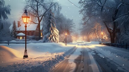 A Winter Street Scene, with Pristine Snow and the Comforting Glow of a Street Lamp
