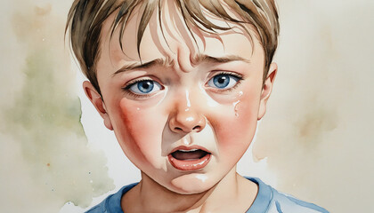 Watercolor illustration of a young boy crying 
