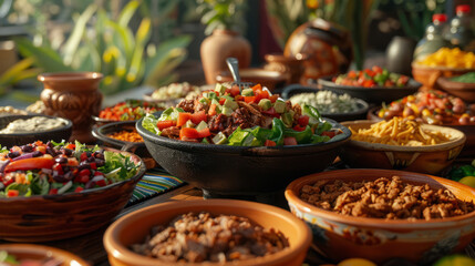 A lavish spread of Mexican cuisine with tacos, salsas, and guacamole, ideal for foodies
