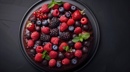 A Bird's Eye View of Sumptuous Chocolate Cake Decorated with Fresh Berries on a Black Background