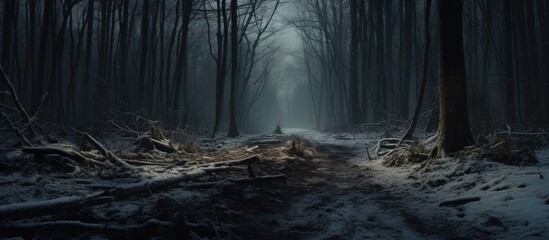 A snowy natural landscape with dark forest trees lining a path, creating a magical winter scene