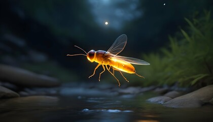 A Firefly Hovering Near A Gentle Stream - Powered by Adobe