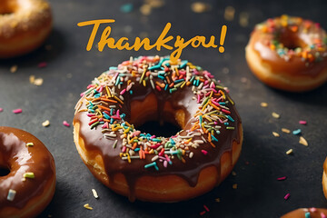 lose-up of delicious donut adorned with colorful sprinkles, golden “Thank you!” text adds a touch of warmth and appreciation