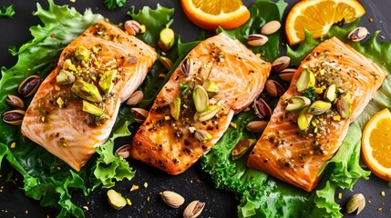 Exquisite Salmon Entwined with Pistachios, Orange Accents, and Lush Lettuce