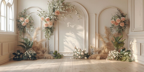 Fototapeta na wymiar beautiful wall with arch and flowers backdrop, empty room wedding interior wall background ,banner