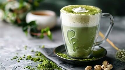 The Subtle Nuances of a Green Matcha Latte Enhanced with Pistachio Toppings