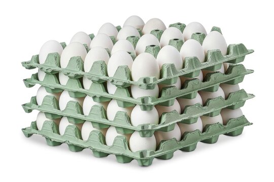 A stack of egg cartons full of white eggs.