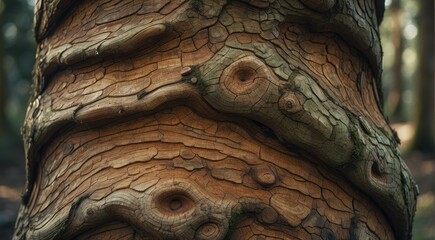 Nature's Tapestry Close-Up View of Tree Trunk Revealing Intricate Bark Patterns, Knots, and Textures, Offering a Detailed and Organic Visual Display