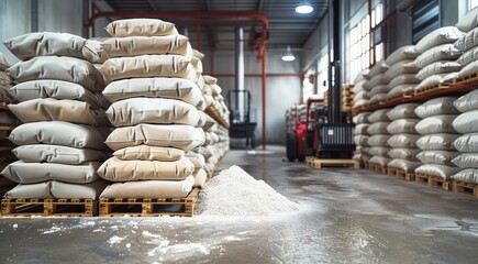 Organizing and Managing Flour Bag Inventory on Pallet Tracks in a Professional Storage Space - obrazy, fototapety, plakaty