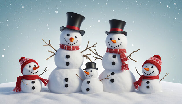 a snowman family building a snow-woman isolated on a transparent background