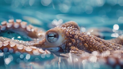 Underwater photo of a common octopus lying in the blue sea, Octopus vulgaris in a blue ocean