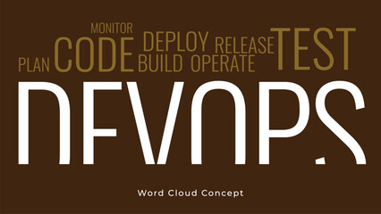 DevOps words cloud, DevOps banner concept has 8 steps to analyze such as plan, code, build, operate, deploy, test, monitor.