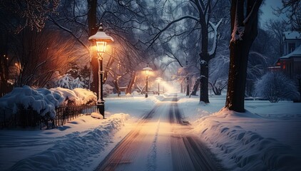 A Serene Street Scene Captured with Snow-Covered Roads and a Warmly Glowing Street Lamp