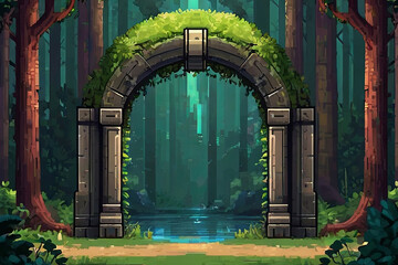 Pixel art game background. Forest portal, magic gate view. Enchanting pixel art scenery for gaming.