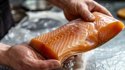A Man's Hand Presents the Prime Cut of Salmon for Authentic Sushi Crafting
