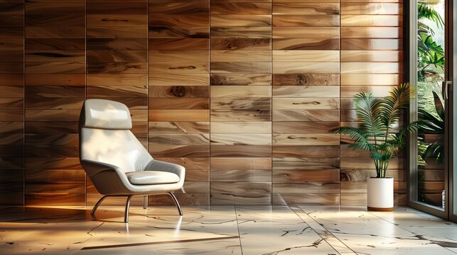 The Seamless Integration of Textured Wooden Walls and Marble Flooring as a Stage for Modern Chair Artistry