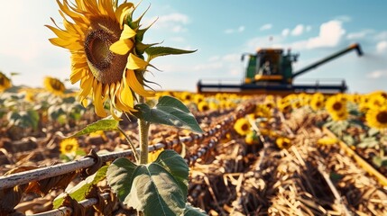 The Dynamic Process of Harvesting Sunflowers in a Sprawling Field by a Combine Harvester